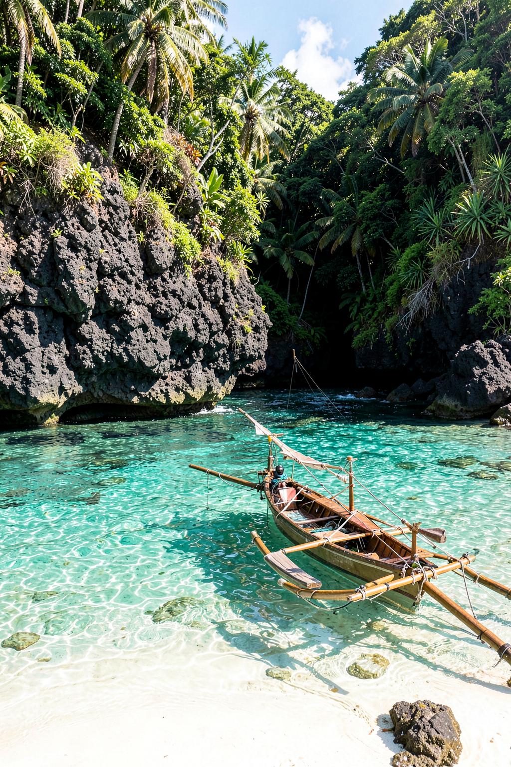 A traditional outrigger in a secluded tropical Bali cove