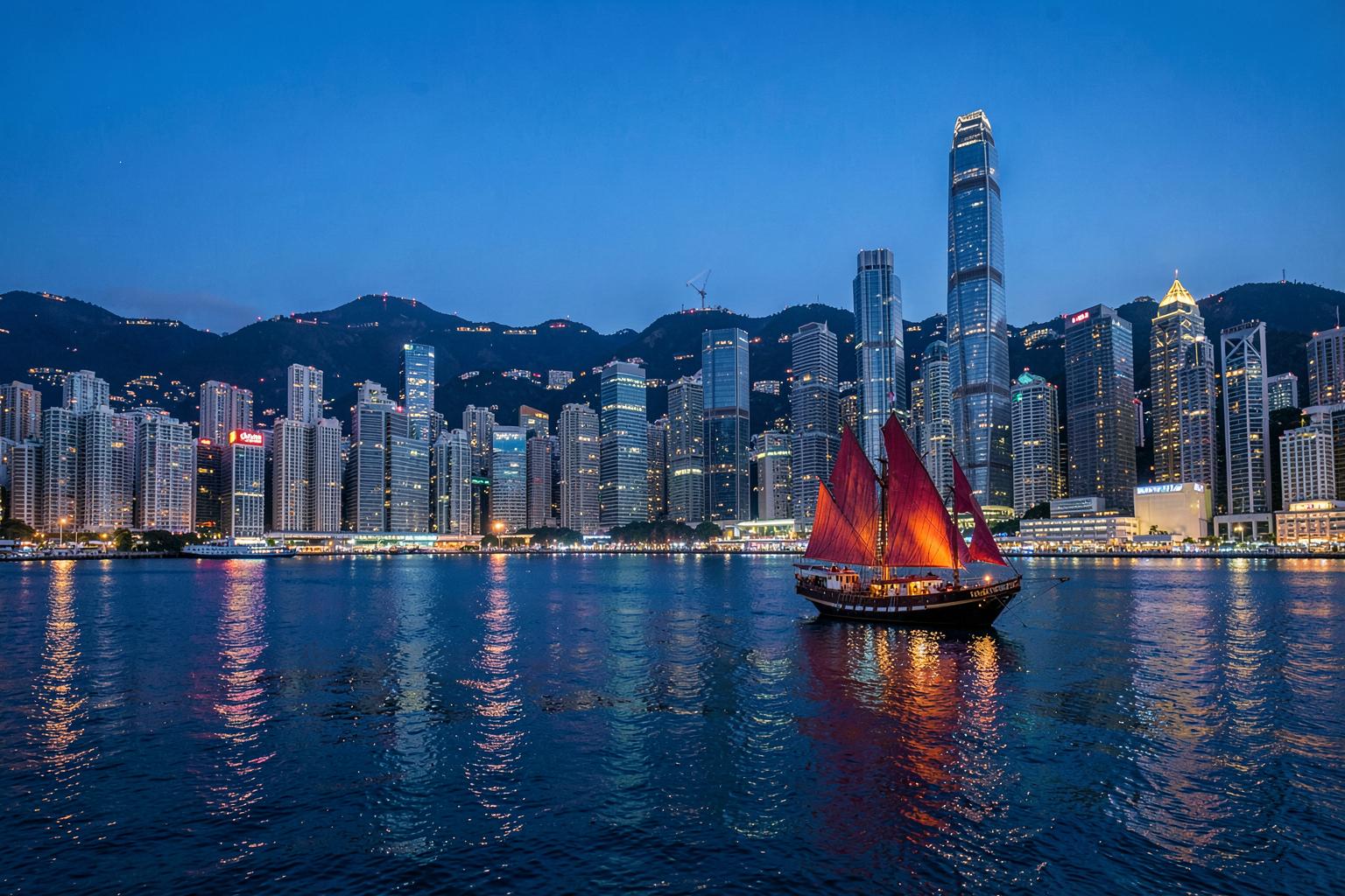 A traditional red-sailed junk crossing Hong Kong's Victoria Harbour