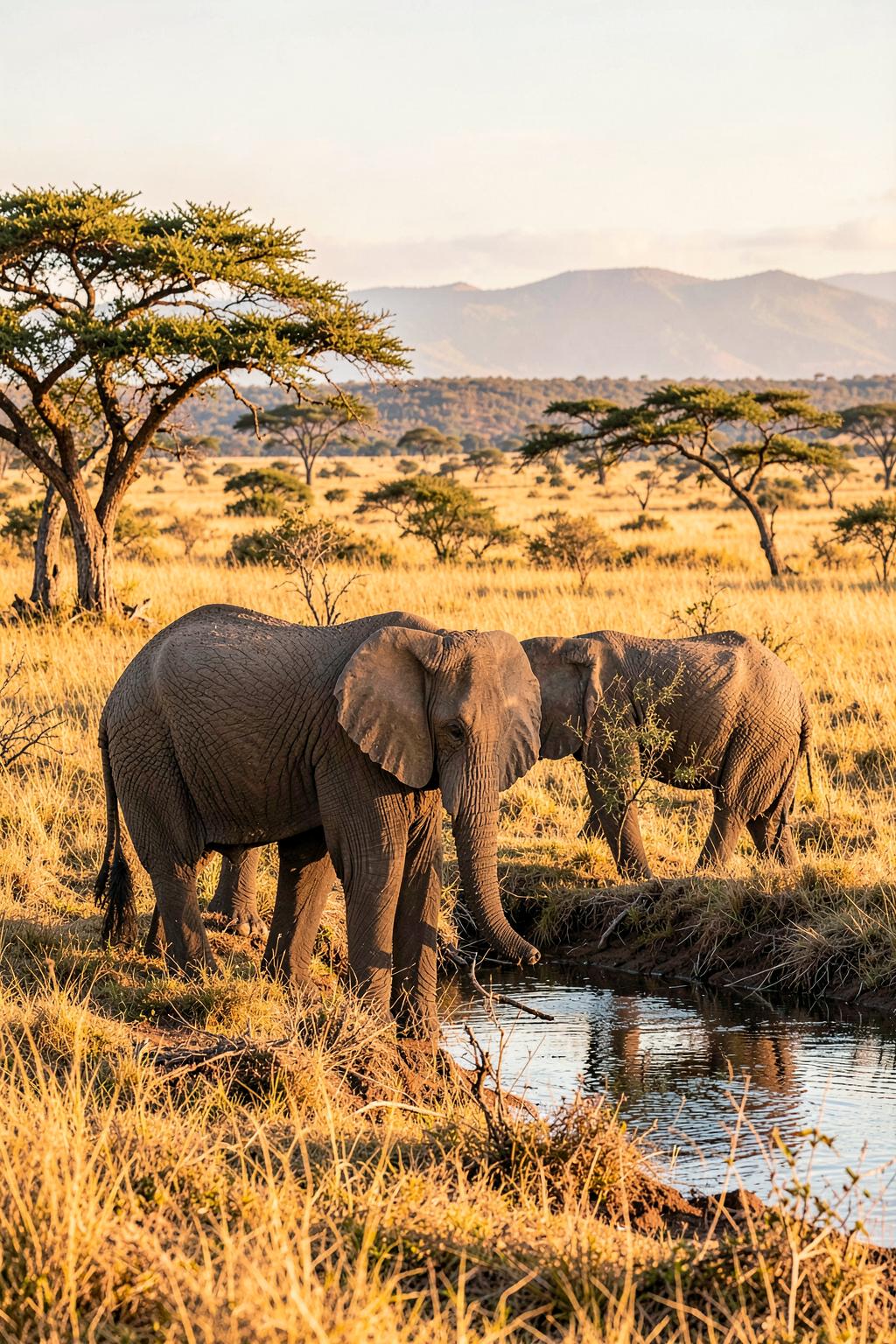 Elephants beside a savanna waterhole in South Africa