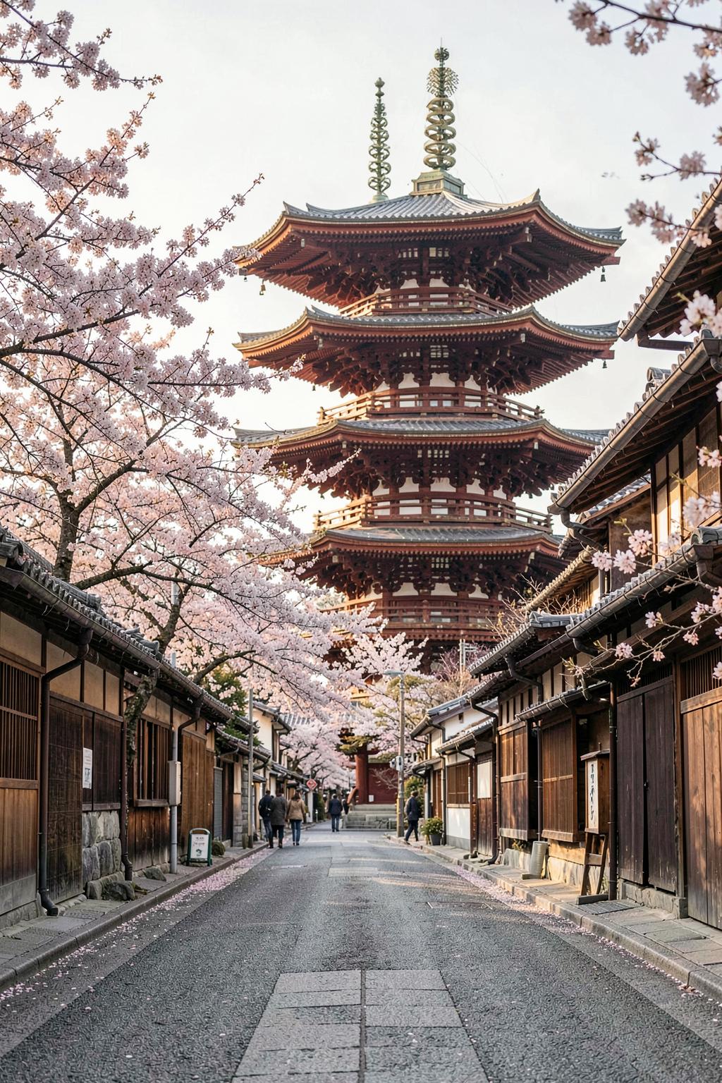 A historic Kyoto pagoda framed by spring cherry blossoms