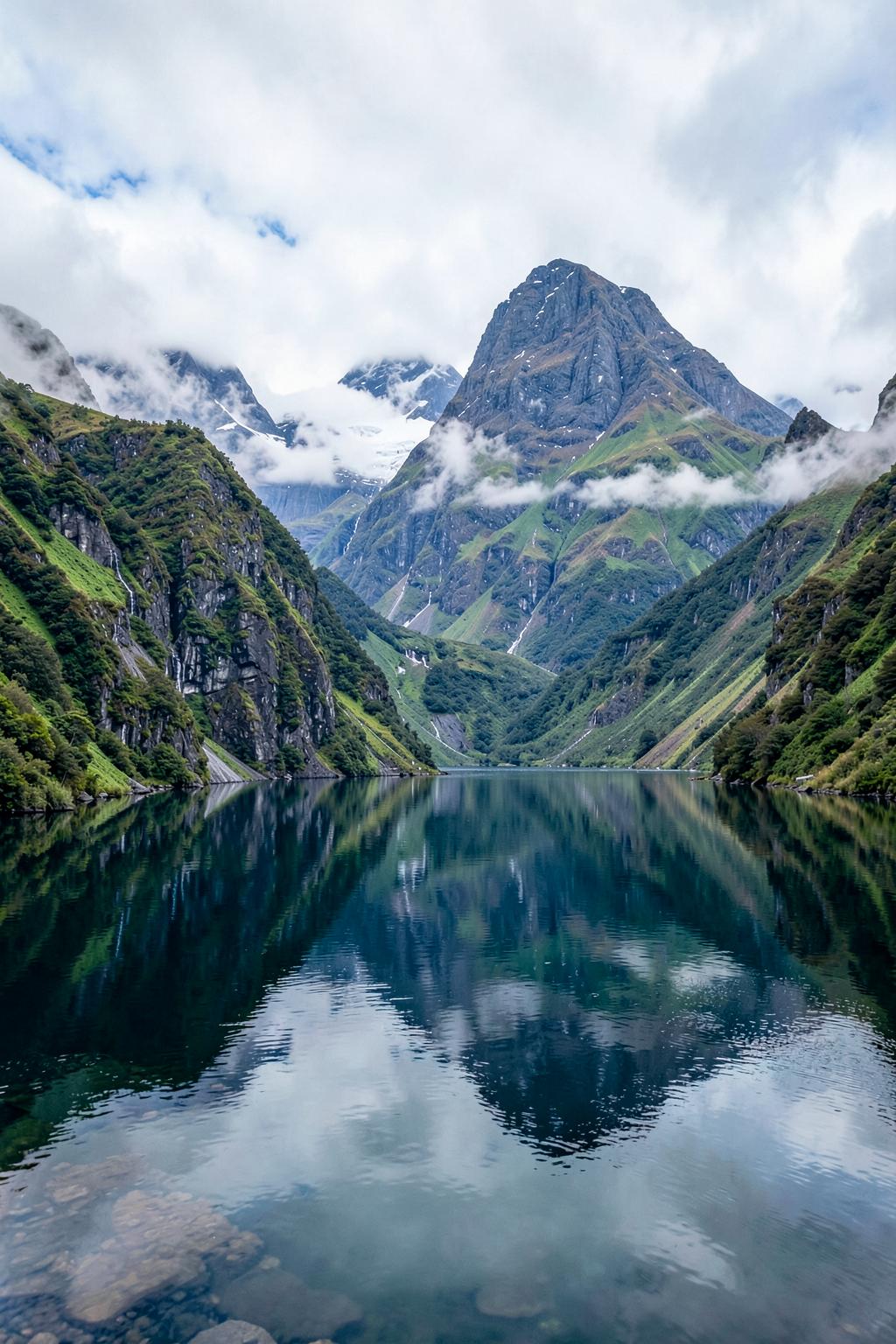 Milford Sound's mountain peaks reflected in still water