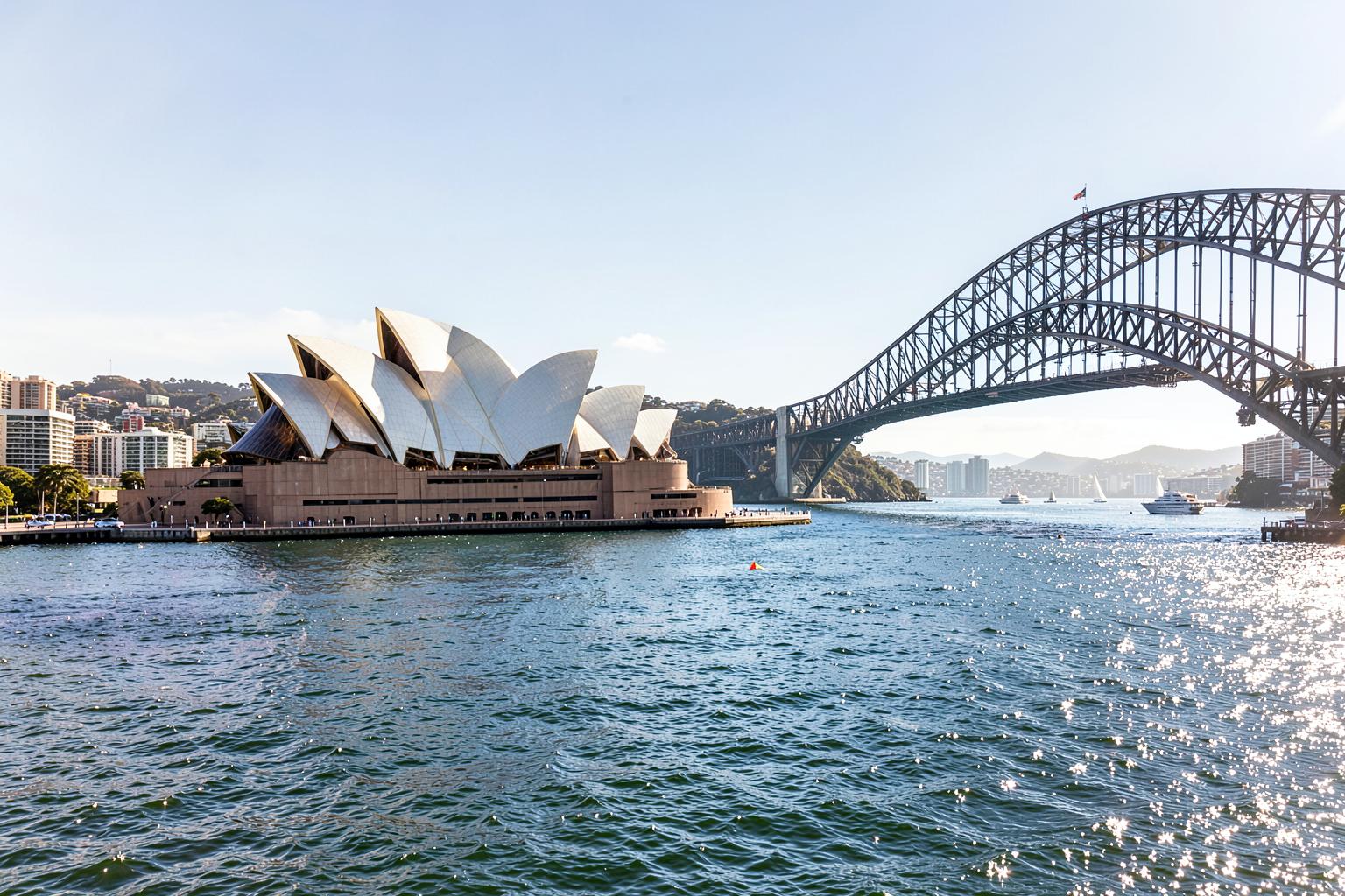 Sydney Opera House and Harbour Bridge across sparkling water