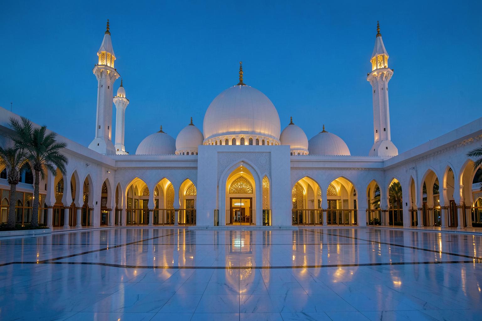 Abu Dhabi's grand white mosque illuminated at blue hour