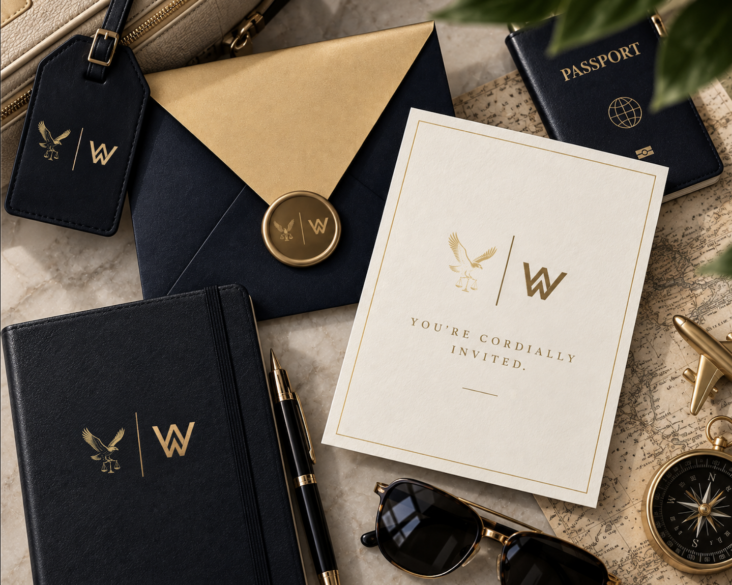 An Elite Eagles passport, invitation card and travel companions