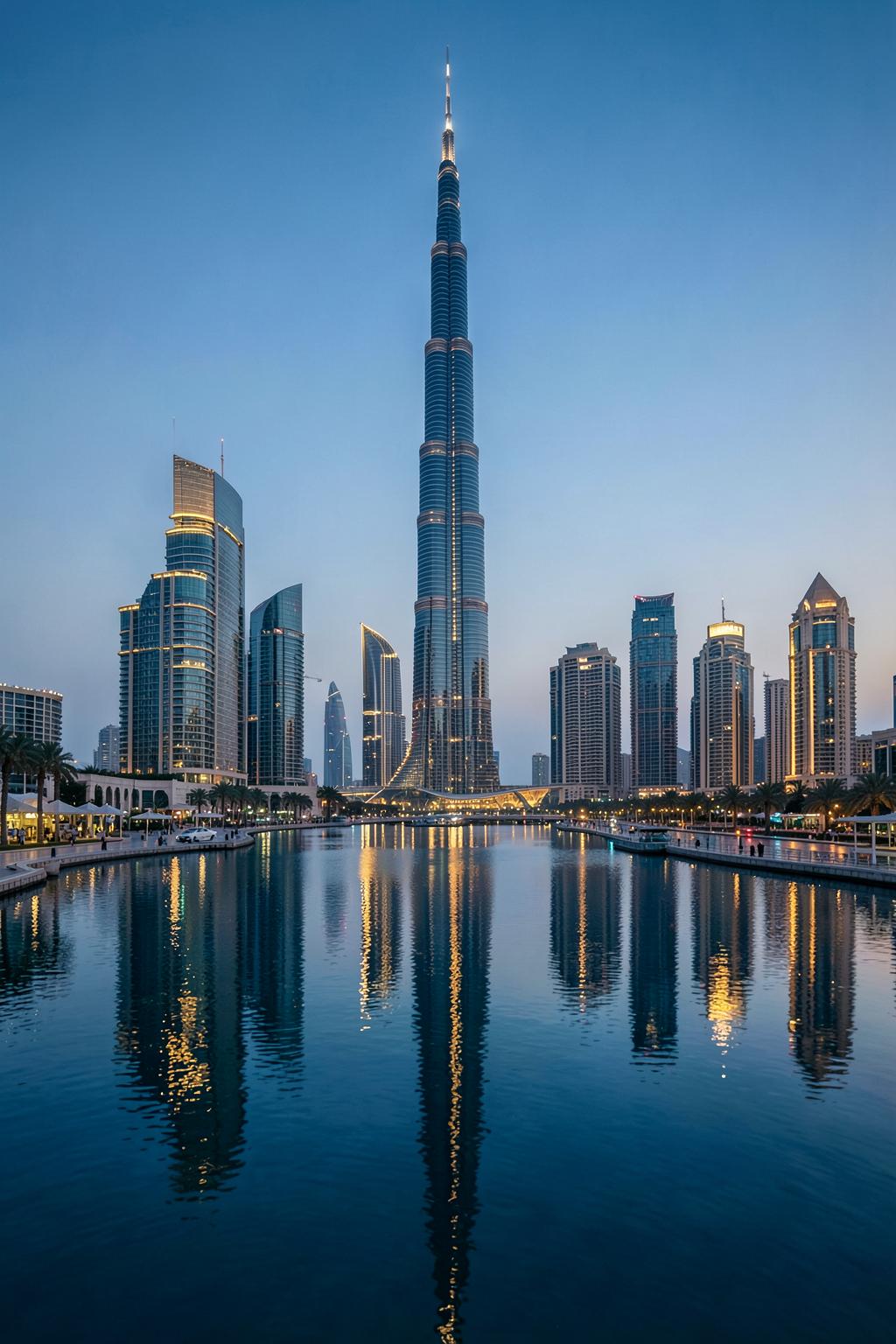 The Dubai skyline reflected at dusk