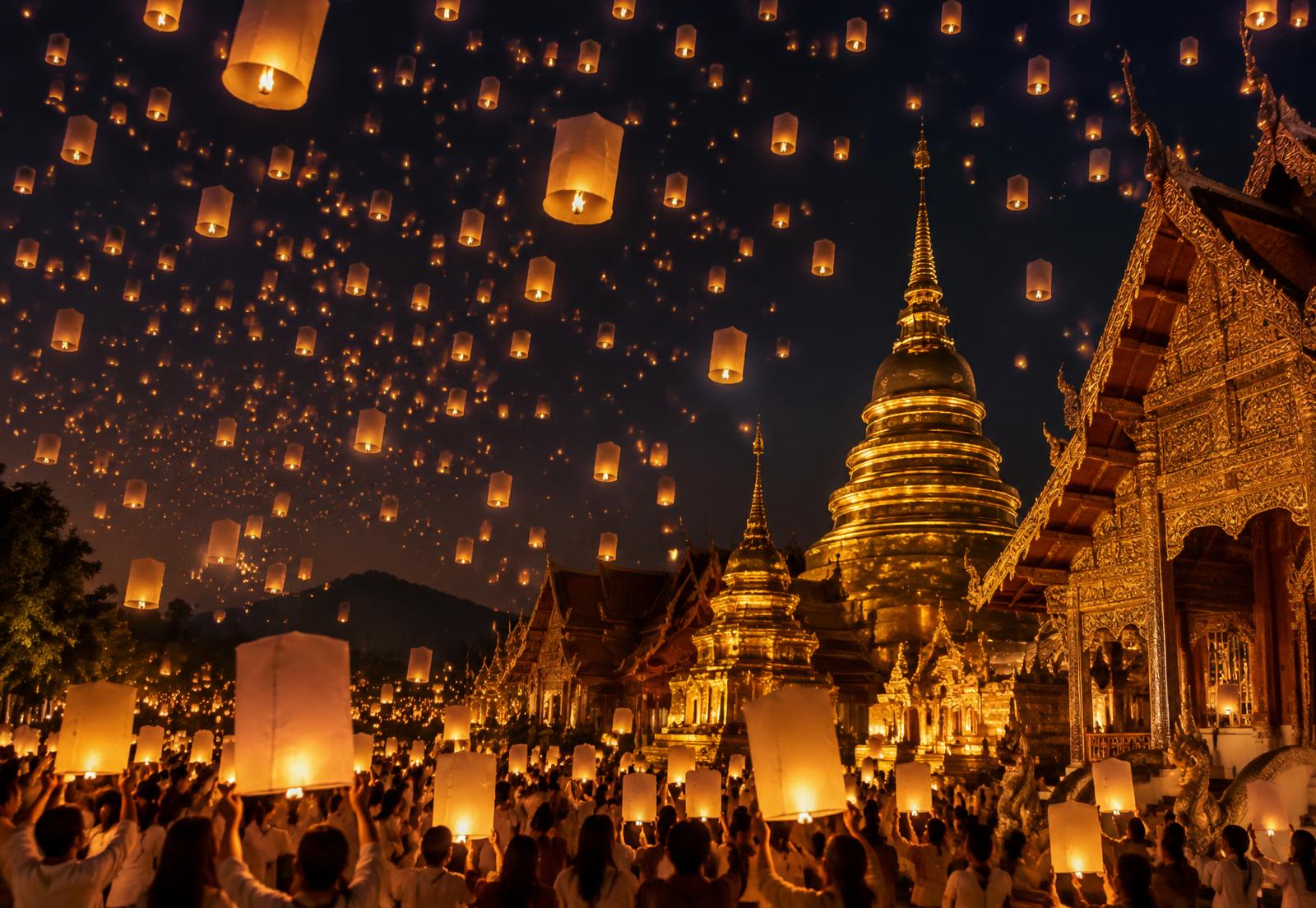 Yi Peng lanterns rising above a Chiang Mai temple at night